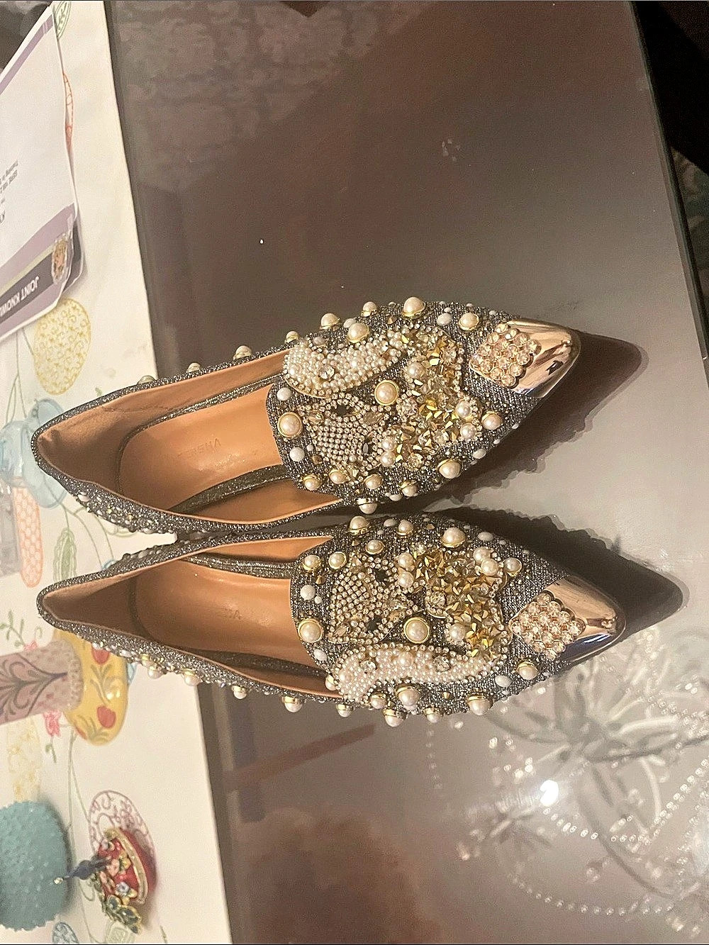Embellished Pointed-Toe Heels in Black & Gold Like New